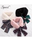 Sparsil kobieta zima futrzany szalik komin Leopard wstążka szaliki kobiety Patchwork Faux królik z imitacją kołnierzyka futro sz