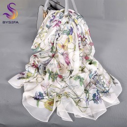 [BYSIFA] biały 100% jedwabny szal przylądek modne kwiatowe wzory długie szale kobiety lato Utralong plaża szal zimowe szaliki180