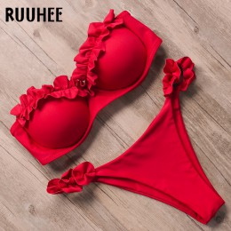 RUUHEE Bandeau strój kąpielowy Bikini kobiety strój kąpielowy Sexy marszczony strój Bikini Push Up kostium kąpielowy kobiet braz