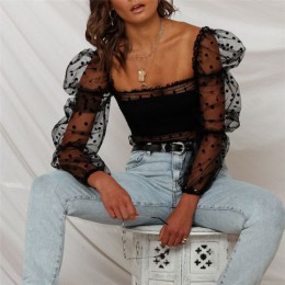 2019 Freeship kobiety Mesh Sheer krótkie bluzki Cover-up Summer Star nadruk w kropki bufiaste rękawy koronkowa bluzka przezroczy
