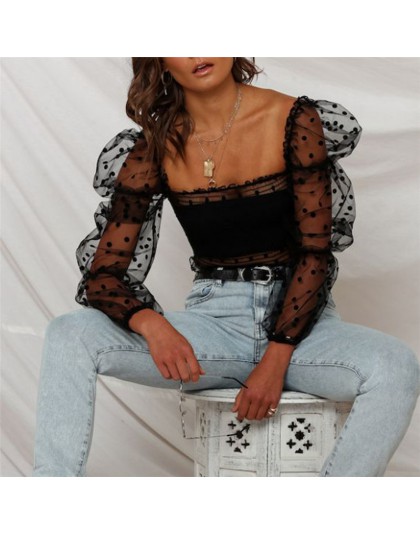2019 Freeship kobiety Mesh Sheer krótkie bluzki Cover-up Summer Star nadruk w kropki bufiaste rękawy koronkowa bluzka przezroczy