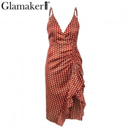 Glamaker Polka dot ruffle split czerwona sukienka damska v neck plisowana sukienka bodycon damski, wiosenny letni elegancki seks