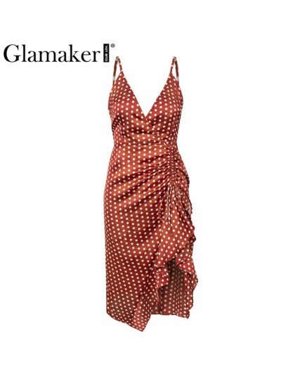 Glamaker Polka dot ruffle split czerwona sukienka damska v neck plisowana sukienka bodycon damski, wiosenny letni elegancki seks