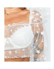 2019 Freeship kobiety Mesh Sheer krótkie bluzki Cover-up Summer Star nadruk w kropki bufiaste rękawy koronkowa bluzka przezroczy