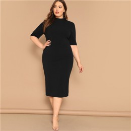 SHEIN eleganckie czarne z połyskiem rozmiar Mock-neck solidna wąska sukienka ołówkowa kobiety wiosna biuro Lady Bodycon podstawy
