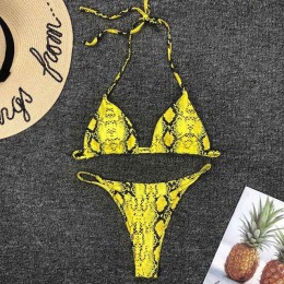 2020 nowe bikini wysokie w talii żółty Bandeau strój kąpielowy seksowny nadruk stringi Bikini kobiety stroje kąpielowe dwuczęści