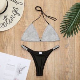 Luksusowy Bling Rhinestone Sliver Bikini Set kryształowy diament Sexy kobiety strój kąpielowy Halter Push Up bandażowy strój kąp