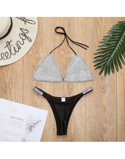 Luksusowy Bling Rhinestone Sliver Bikini Set kryształowy diament Sexy kobiety strój kąpielowy Halter Push Up bandażowy strój kąp