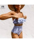 Sexy niebieskie w stylu Retro z białymi paskami Bandeau wysokiej talii Bikini 2020 Lady stroje kąpielowe kobiety kostium kąpielo