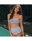 Sexy niebieskie w stylu Retro z białymi paskami Bandeau wysokiej talii Bikini 2020 Lady stroje kąpielowe kobiety kostium kąpielo