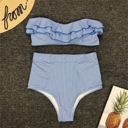 Sexy niebieskie w stylu Retro z białymi paskami Bandeau wysokiej talii Bikini 2020 Lady stroje kąpielowe kobiety kostium kąpielo