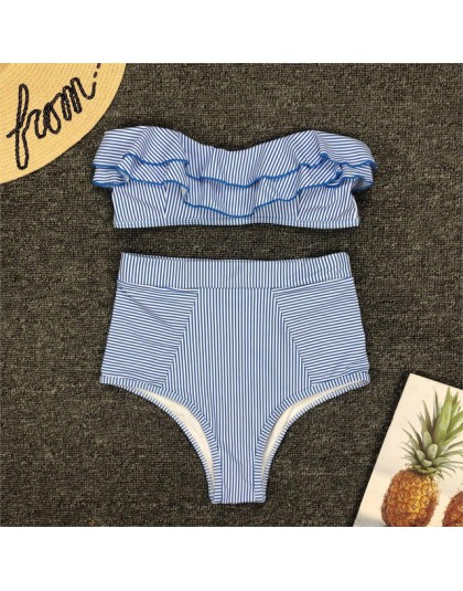 Sexy niebieskie w stylu Retro z białymi paskami Bandeau wysokiej talii Bikini 2020 Lady stroje kąpielowe kobiety kostium kąpielo