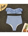 Sexy niebieskie w stylu Retro z białymi paskami Bandeau wysokiej talii Bikini 2020 Lady stroje kąpielowe kobiety kostium kąpielo