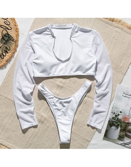Bikinx z długim rękawem brazylijskie bikini wysokie cięcie biały strój kąpielowy stringi stroje kąpielowe kobiety kąpiących mikr