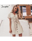 Simplee guziki w stylu Vintage kobiety sukienka koszula V neck z krótkim rękawem bawełniana pościel krótkie letnie sukienki biur