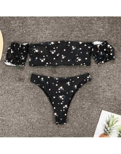 2020 Floral Bikini z odkrytymi ramionami damski strój kąpielowy kobiety stroje kąpielowe dwuczęściowy zestaw Bikini średnio wyso