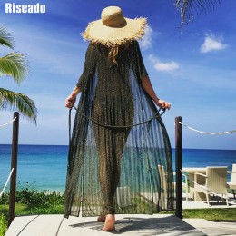 Riseado 2020 Pareo tunika plażowa osłona do Bikini Ups długa plaża sukienka stroje kąpielowe pół rękawa strój kąpielowy Sexy kos