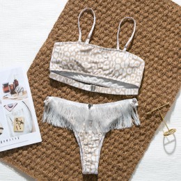 Seksowne bikini push up stroje kąpielowe bandeau 2020 kobiet wzór w cętki strój kąpielowy kobiety tassel strój kąpielowy kąpiący
