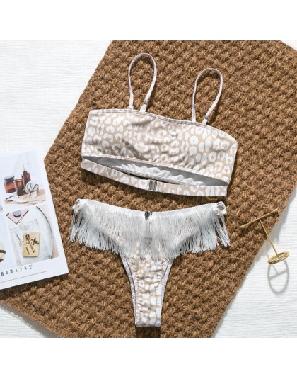 Seksowne bikini push up stroje kąpielowe bandeau 2020 kobiet wzór w cętki strój kąpielowy kobiety tassel strój kąpielowy kąpiący