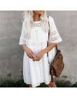 Tunika Cover-up 2020 biała tunika Sexy Hollow Out O-Neck plaża Mini sukienka lato kobiety odzież plażowa narzuta na strój kąpiel