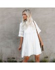 Tunika Cover-up 2020 biała tunika Sexy Hollow Out O-Neck plaża Mini sukienka lato kobiety odzież plażowa narzuta na strój kąpiel