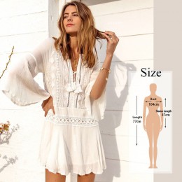 Tunika Cover-up 2020 biała tunika Sexy Hollow Out O-Neck plaża Mini sukienka lato kobiety odzież plażowa narzuta na strój kąpiel