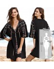 Tunika Cover-up 2020 biała tunika Sexy Hollow Out O-Neck plaża Mini sukienka lato kobiety odzież plażowa narzuta na strój kąpiel