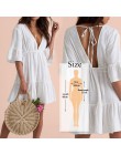Tunika Cover-up 2020 biała tunika Sexy Hollow Out O-Neck plaża Mini sukienka lato kobiety odzież plażowa narzuta na strój kąpiel