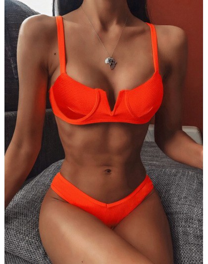 Dekolt w szpic push up bikini wysokie cięcie prążkowany strój kąpielowy z niskim paskiem wokół talii kobiet stroje kąpielowe