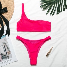 Mossha seksowne stringi różowe bikini Neon kostium kąpielowy damski strój kąpielowy jedno ramię Bikini set 2020 stroje kąpielowe