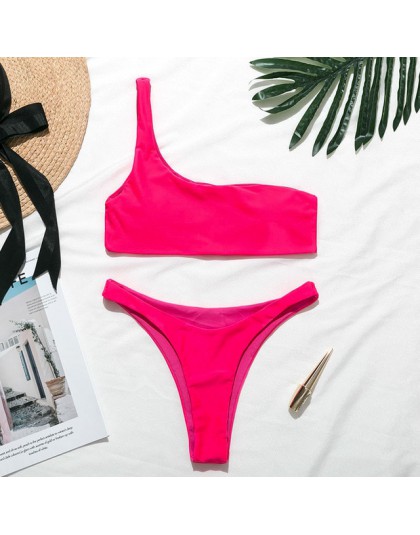 Mossha seksowne stringi różowe bikini Neon kostium kąpielowy damski strój kąpielowy jedno ramię Bikini set 2020 stroje kąpielowe