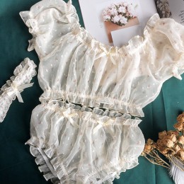 Kobiety Sheer gwiazdy bardzo cienka gaza Ruffles Off ramię z długim rękawem topy szorty Leg pierścień bielizna zestaw pokusa sek