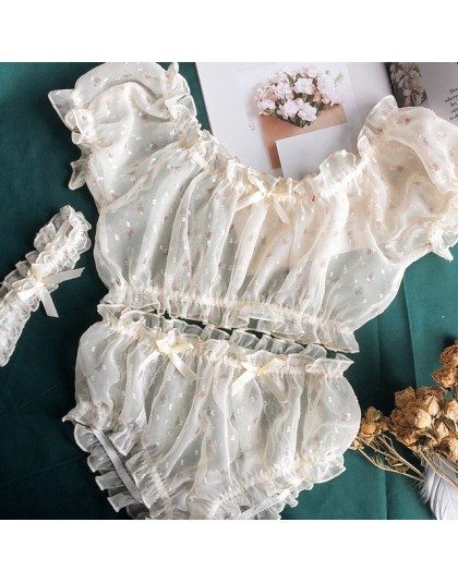 Kobiety Sheer gwiazdy bardzo cienka gaza Ruffles Off ramię z długim rękawem topy szorty Leg pierścień bielizna zestaw pokusa sek