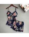 QWEEK Sleep Lounge zestaw piżamy seksowna satyna bielizna nocna kobiety lato piżama Femme moda kwiat piżamy dla kobiet z miseczk