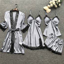 Plus rozmiar 2XL 2019 kobiety piżamy ustawia Satin Silk 4 sztuk bielizna nocna Spaghetti pasek koronki snu salon Pijama