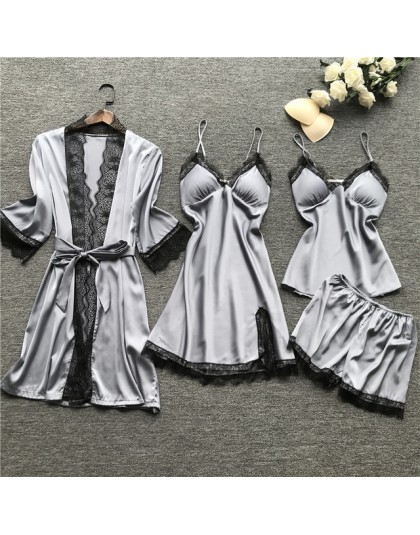 Plus rozmiar 2XL 2019 kobiety piżamy ustawia Satin Silk 4 sztuk bielizna nocna Spaghetti pasek koronki snu salon Pijama
