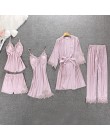 QWEEK Sexy kobiety piżamy 5 sztuk zestawy satynowa bielizna nocna Pijama jedwabna odzież domowa haft Sleep Lounge piżama z klatk