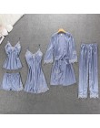 QWEEK Sexy kobiety piżamy 5 sztuk zestawy satynowa bielizna nocna Pijama jedwabna odzież domowa haft Sleep Lounge piżama z klatk