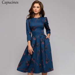 Capucines granatowy 3/4 rękawy sukienka z nadrukiem kobiety 2019 wiosna lato portmonetka vintage-line Casual dress Elegent Party