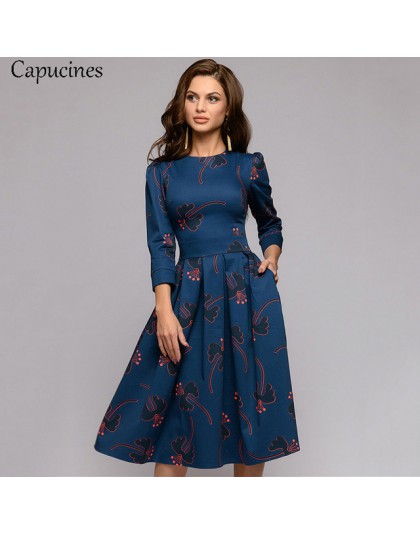Capucines granatowy 3/4 rękawy sukienka z nadrukiem kobiety 2019 wiosna lato portmonetka vintage-line Casual dress Elegent Party