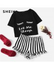 SHEIN czarny graficzny Tee falbany szorty w paski PJ wokół szyi zestaw z krótkim rękawem 2019 lato kobiety Patchwork bielizna no