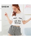 SHEIN czarny graficzny Tee falbany szorty w paski PJ wokół szyi zestaw z krótkim rękawem 2019 lato kobiety Patchwork bielizna no