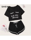 SHEIN czarny graficzny Tee falbany szorty w paski PJ wokół szyi zestaw z krótkim rękawem 2019 lato kobiety Patchwork bielizna no