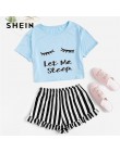 SHEIN czarny graficzny Tee falbany szorty w paski PJ wokół szyi zestaw z krótkim rękawem 2019 lato kobiety Patchwork bielizna no