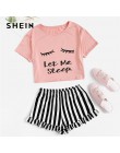 SHEIN czarny graficzny Tee falbany szorty w paski PJ wokół szyi zestaw z krótkim rękawem 2019 lato kobiety Patchwork bielizna no