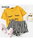 SHEIN czarny graficzny Tee falbany szorty w paski PJ wokół szyi zestaw z krótkim rękawem 2019 lato kobiety Patchwork bielizna no