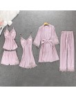 QWEEK Sexy kobiety piżamy 5 sztuk zestawy satynowa bielizna nocna Pijama jedwabna odzież domowa haft Sleep Lounge piżama z klatk