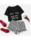 SHEIN czarny graficzny Tee falbany szorty w paski PJ wokół szyi zestaw z krótkim rękawem 2019 lato kobiety Patchwork bielizna no
