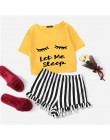 SHEIN czarny graficzny Tee falbany szorty w paski PJ wokół szyi zestaw z krótkim rękawem 2019 lato kobiety Patchwork bielizna no