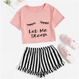 SHEIN czarny graficzny Tee falbany szorty w paski PJ wokół szyi zestaw z krótkim rękawem 2019 lato kobiety Patchwork bielizna no
